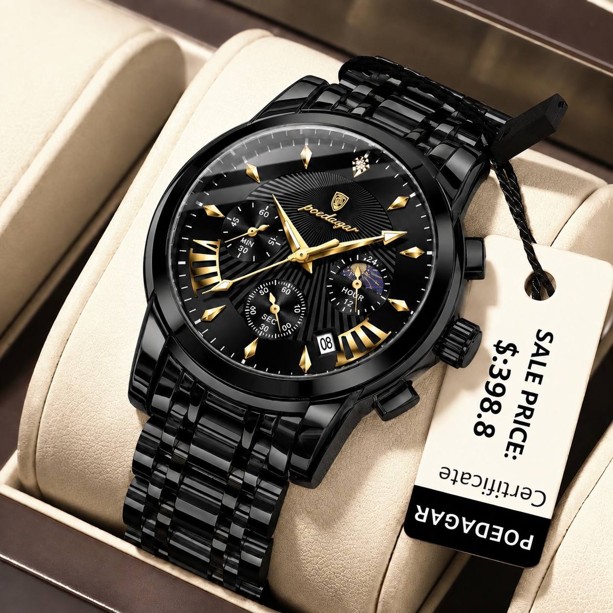 🔘 POEDAGAR 2026  Original watch    《highe quality》                       🔥پوداگار مدلی نو  کرنوگراف  رفرانس 813B   دارای روز شمار نمایش مون استار    عقربه شب نما  برند اورجینال شرکتی  بند استیل ضدآب تا عمق بالا رنگ ثابت  قفل  دو پروانه  موتور کوارتز